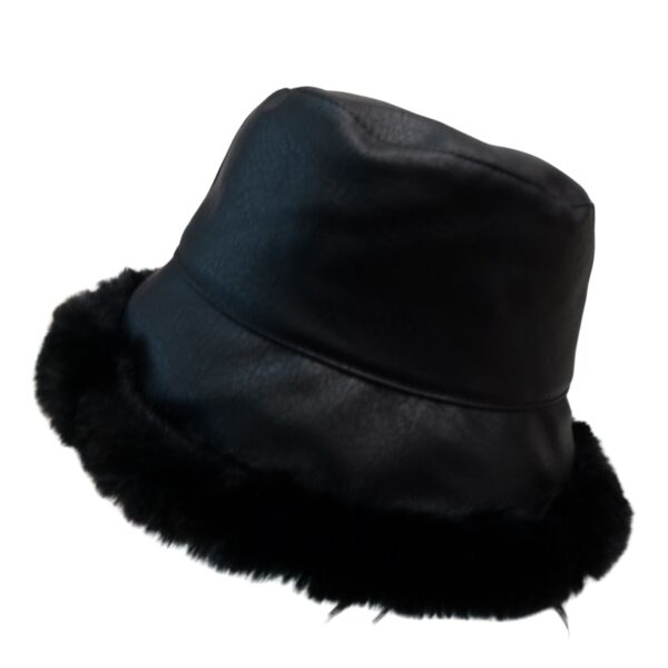 Winter Faux Fur Fuzzy Waterproof  Bucket Hat Winter Waterproof Bucket Hat, Unisex Warm Fleece Lined Bucket Rain Hats, Oversized Reversible Fishing Hats with Windproof, Leather style outer