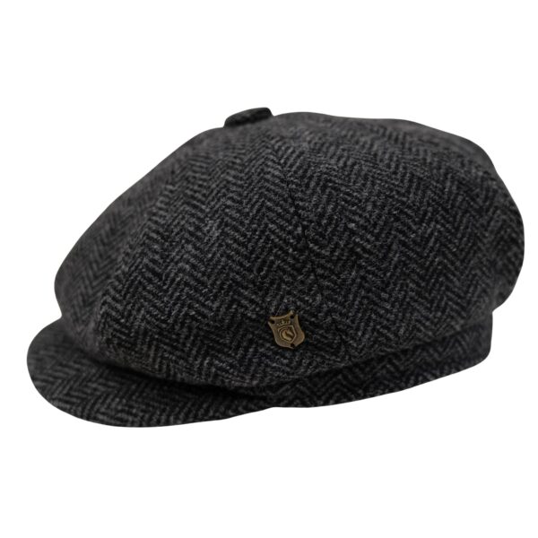 Tweed Baker Boy Cap British Made Arran Traditional Black Herringbone Cap 100% Wool in 5 Sizes Outer Hebrides of Scotland