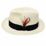 Unisex Brim Straw Creamy Foldable Panama Fedora with Feather Straw- Adjust Rope inside Beach Sun Hat Summer Travel Wide Brim , Outdoor , Summer Travels