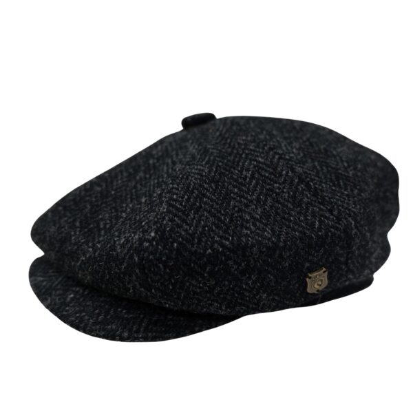 Tommy Shelby Harris Tweed Baker Boy Cap British Made Arran Traditional Black Herringbone Cap 100% Wool in 5 Sizes Outer Hebrides of Scotland