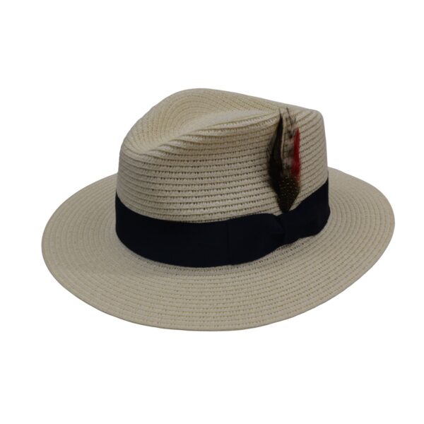 Unisex Brim Straw Creamy Foldable Panama Fedora with Feather Straw- Adjust Rope inside Beach Sun Hat Summer Travel Wide Brim , Outdoor , Summer Travels