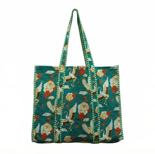 Notting Hill Quilted  Emerald Crane Garden Reversible Tote
