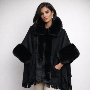 Women’s Black Faux Fur Cape Jacket – Cozy Knee-Length Winter Statement Coat