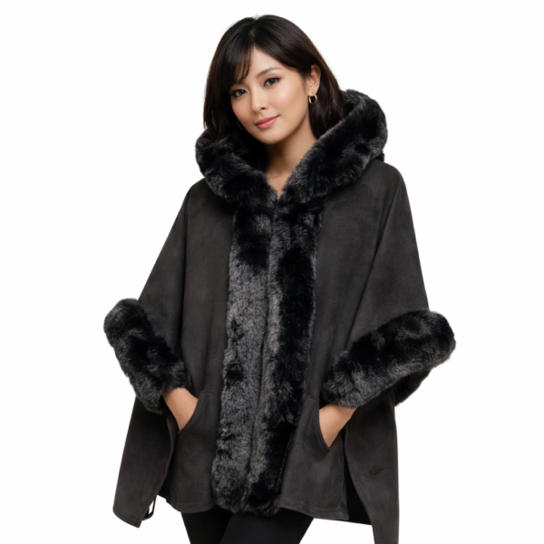 Long Cape Black Women’s Medium  Knee Faux Fur Jacket  Women Fluffy Cropped Coat Winter Streetwear Trend  Fur Coat