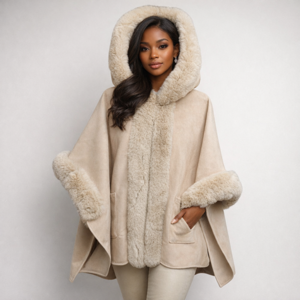 Long Cape Creamy Women’s Medium  Knee Faux Fur Jacket  Women Fluffy Cropped Coat Winter Streetwear Trend  Fur Coat