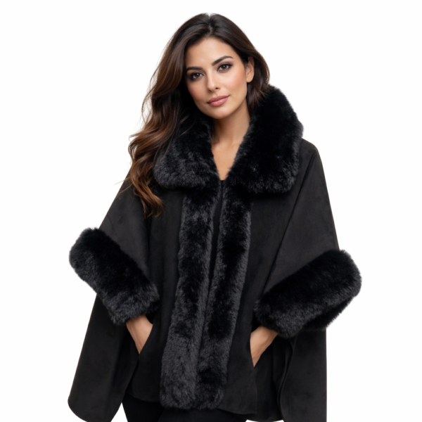 Women’s Black Faux Fur Cape Jacket – Cozy Knee-Length Winter Statement Coat