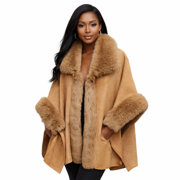 Women’s Camel Faux Fur Cape Coat – Long Knee-Length Winter Fluffy Jacket