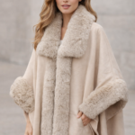 Long Cape Creamy Beige Women’s Medium  Knee Faux Fur Jacket  Women Fluffy Cropped Coat Winter Streetwear Trend  Fur Coat