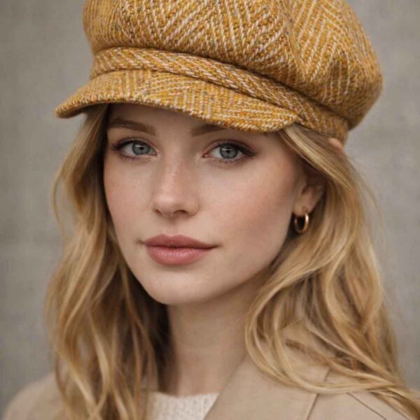 Lady Captain Caps for Women- 100% Wool Mustard Newsgirl Cap in Plaid Pattern Style Tweed Flat Cap for Any Occasion and Season