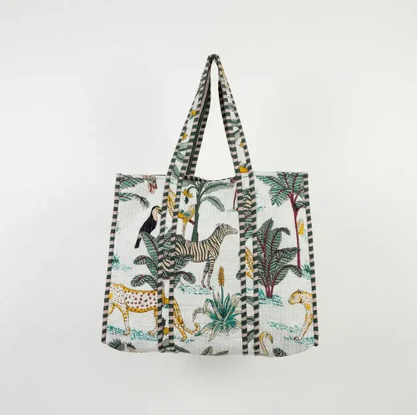 Notting Hill Quilted  Ivory Safari Quilted Reversible Tote, Cotton Bag, Shopping and Travels