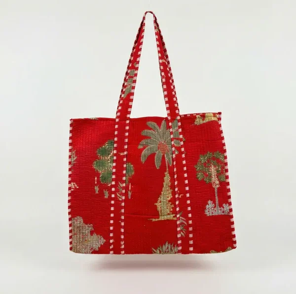 Notting Hill Scarlet Red Palm Heritage Quilted Reversible Tote, Cotton Bag, Shopping and Travels