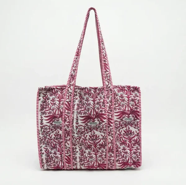 Notting Hill Crimson Garden Quilted Reversible Tote, Cotton Bag, Shopping and Travels
