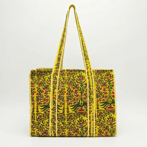 Notting Hill Mustard Meadow Quilted Floral Reversible Tote, Cotton Bag, Shopping and Travels