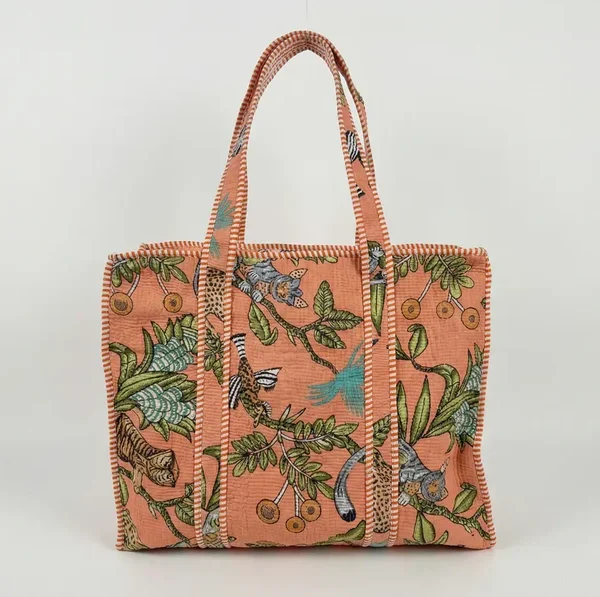 Notting Hill Peach Jungle Garden Quilted Tote, Cotton Bag, Shopping and Travels