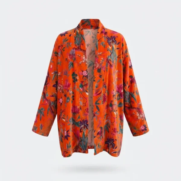Notting Hill Soft and Comfortable Short Scarlet Garden Velvet Kimono Robe