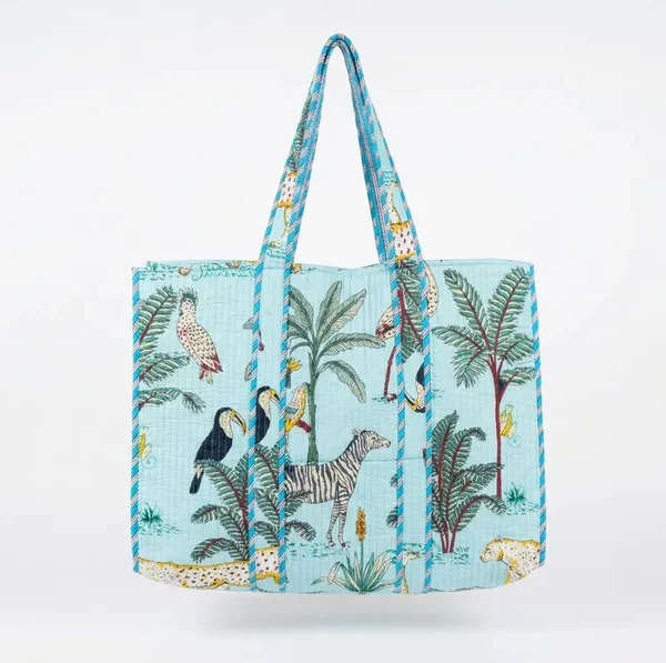 Notting Hill Azure Safari Quilted Reversible Tote, Cotton Bag, Shopping and Travels