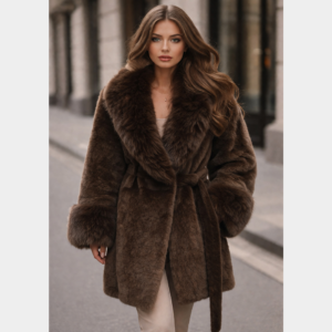 Premium Coffee Color Women’s Medium  Knee Faux Fur Jacket  Women Fluffy Cropped Coat Winter Streetwear Trend  Fur Coat
