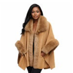 Women’s Camel Faux Fur Cape Coat – Long Knee-Length Winter Fluffy Jacket