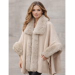 Long Cape Creamy Beige Women’s Medium  Knee Faux Fur Jacket  Women Fluffy Cropped Coat Winter Streetwear Trend  Fur Coat