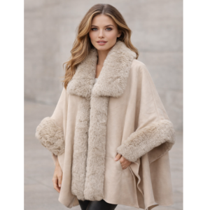 Long Cape Creamy Beige Women’s Medium  Knee Faux Fur Jacket  Women Fluffy Cropped Coat Winter Streetwear Trend  Fur Coat