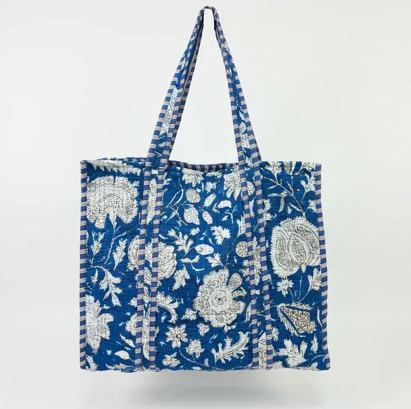 Notting Hill Indigo Bloom Quilted Reversible Tote, Cotton Bag, Shopping and Travels