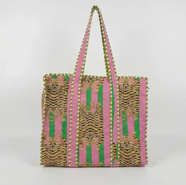 Notting Hill Blush Safari Stripe Quilted Tote, Cotton Bag, Shopping and Travels