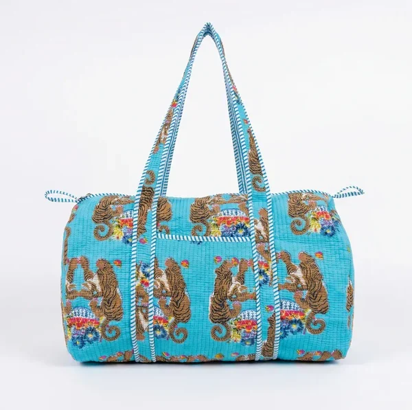 Notting Hill Turquoise Jungle Reverie Quilted Duffle Bag Cotton , Handmade Vintage Looks