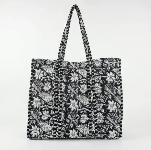 Notting Hill Midnight Black Garden Quilted Reversible Tote, Cotton Bag, Shopping and Travels