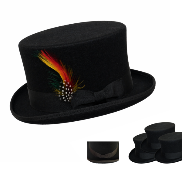 Handcrafted Wool Felt Low Crown Feather Accent Top Hat Satin Finish Hard Rigid Design with Satin Ribbon Wool Top Hat for Men Satin Lined Removable feather on the side