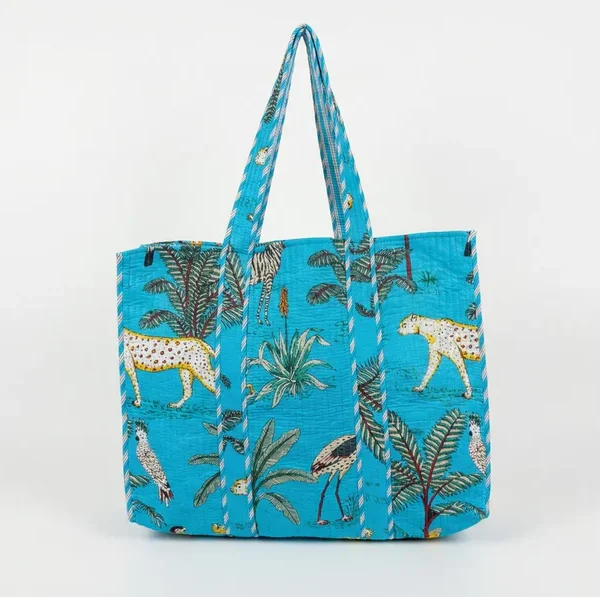 Notting Hill Turquoise Safari Quilted Reversible Tote, Cotton Bag, Shopping and Travels