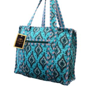 Notting Hill Quilted Print Medium Teal Blue Modern Handmade Tote Bag, Indian Making Quilted Tote Bags, 100% Cotton Eco Friendly Shopper Bags, Vintage Shoulder Bag, Women's Carry Bag - Image 3