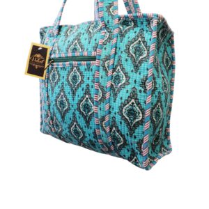 Notting Hill Quilted Print Medium Teal Blue Modern Handmade Tote Bag, Indian Making Quilted Tote Bags, 100% Cotton Eco Friendly Shopper Bags, Vintage Shoulder Bag, Women's Carry Bag - Image 4