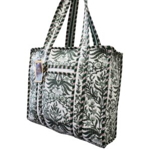Notting Hill Quilted Print Medium Olive Green Modern Handmade Tote Bag, Indian Making Quilted Tote Bags, 100% Cotton Eco Friendly Shopper Bags, Vintage Shoulder Bag, Women's Carry Bag - Image 4