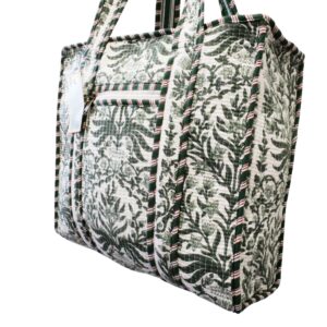 Notting Hill Quilted Print Medium Olive Green Modern Handmade Tote Bag, Indian Making Quilted Tote Bags, 100% Cotton Eco Friendly Shopper Bags, Vintage Shoulder Bag, Women's Carry Bag - Image 3