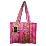 Notting Hill Quilted Print Medium Pink Tiger Modern Handmade Tote Bag, Indian Making Quilted Tote Bags, 100% Cotton Eco Friendly Shopper Bags, Vintage Shoulder Bag, Women's Carry Bag
