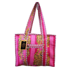 Notting Hill Quilted Print Medium Pink Tiger Modern Handmade Tote Bag, Indian Making Quilted Tote Bags, 100% Cotton Eco Friendly Shopper Bags, Vintage Shoulder Bag, Women's Carry Bag