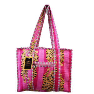 Notting Hill Quilted Print Medium Pink Tiger Modern Handmade Tote Bag, Indian Making Quilted Tote Bags, 100% Cotton Eco Friendly Shopper Bags, Vintage Shoulder Bag, Women's Carry Bag - Image 2
