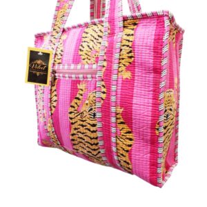 Notting Hill Quilted Print Medium Pink Tiger Modern Handmade Tote Bag, Indian Making Quilted Tote Bags, 100% Cotton Eco Friendly Shopper Bags, Vintage Shoulder Bag, Women's Carry Bag - Image 4