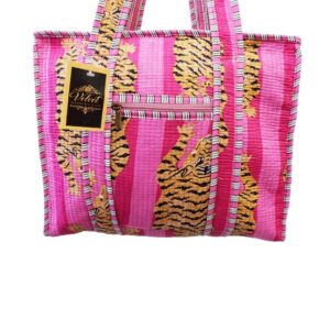 Notting Hill Quilted Print Medium Pink Tiger Modern Handmade Tote Bag, Indian Making Quilted Tote Bags, 100% Cotton Eco Friendly Shopper Bags, Vintage Shoulder Bag, Women's Carry Bag - Image 3