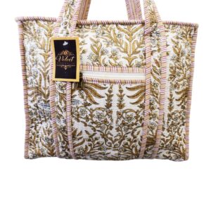Notting Hill Quilted Print Medium Olive Modern Handmade Tote Bag, Indian Making Quilted Tote Bags, 100% Cotton Eco Friendly Shopper Bags, Vintage Shoulder Bag, Women's Carry Bag - Image 3
