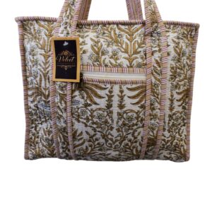 Notting Hill Quilted Print Medium Olive Modern Handmade Tote Bag, Indian Making Quilted Tote Bags, 100% Cotton Eco Friendly Shopper Bags, Vintage Shoulder Bag, Women's Carry Bag - Image 5