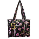 Notting Hill Quilted Print Medium Black Modern Handmade Tote Bag, Indian Making Quilted Tote Bags, 100% Cotton Eco Friendly Shopper Bags, Vintage Shoulder Bag, Women's Carry Bag