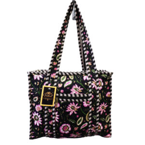 Notting Hill Quilted Print Medium Black Modern Handmade Tote Bag, Indian Making Quilted Tote Bags, 100% Cotton Eco Friendly Shopper Bags, Vintage Shoulder Bag, Women's Carry Bag