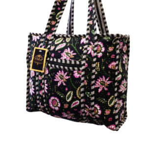 Notting Hill Quilted Print Medium Black Modern Handmade Tote Bag, Indian Making Quilted Tote Bags, 100% Cotton Eco Friendly Shopper Bags, Vintage Shoulder Bag, Women's Carry Bag - Image 3