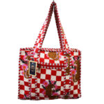 Notting Hill Quilted Print Medium Red Check Modern Handmade Tote Bag, Indian Making Quilted Tote Bags, 100% Cotton Eco Friendly Shopper Bags, Vintage Shoulder Bag, Women's Carry Bag