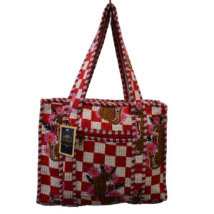 Notting Hill Quilted Print Medium Red Check Modern Handmade Tote Bag, Indian Making Quilted Tote Bags, 100% Cotton Eco Friendly Shopper Bags, Vintage Shoulder Bag, Women's Carry Bag - Image 4