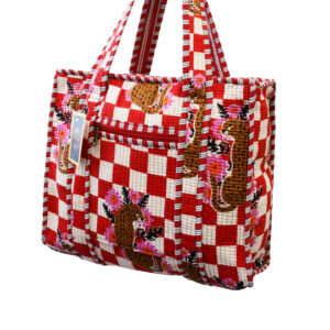 Notting Hill Quilted Print Medium Red Check Modern Handmade Tote Bag, Indian Making Quilted Tote Bags, 100% Cotton Eco Friendly Shopper Bags, Vintage Shoulder Bag, Women's Carry Bag - Image 3