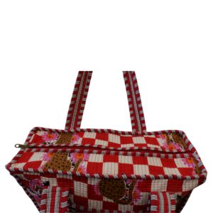 Notting Hill Quilted Print Medium Red Check Modern Handmade Tote Bag, Indian Making Quilted Tote Bags, 100% Cotton Eco Friendly Shopper Bags, Vintage Shoulder Bag, Women's Carry Bag - Image 5