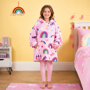 Kids Unicorn & Rainbow Kingdom Print Hoodie Blanket – Pink, London Design, Winter Warm Unisex Wear for Children  Hoodie  for Cold - Image 3