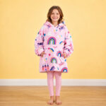 Kids Unicorn & Rainbow Kingdom Print Hoodie Blanket – Pink, London Design, Winter Warm Unisex Wear for Children  Hoodie  for Cold